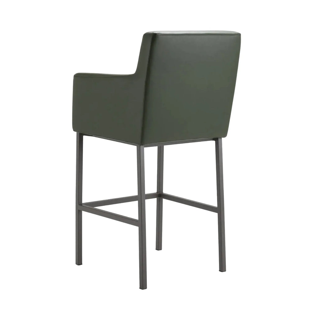 Green bar stool with a black metal frame on a white background