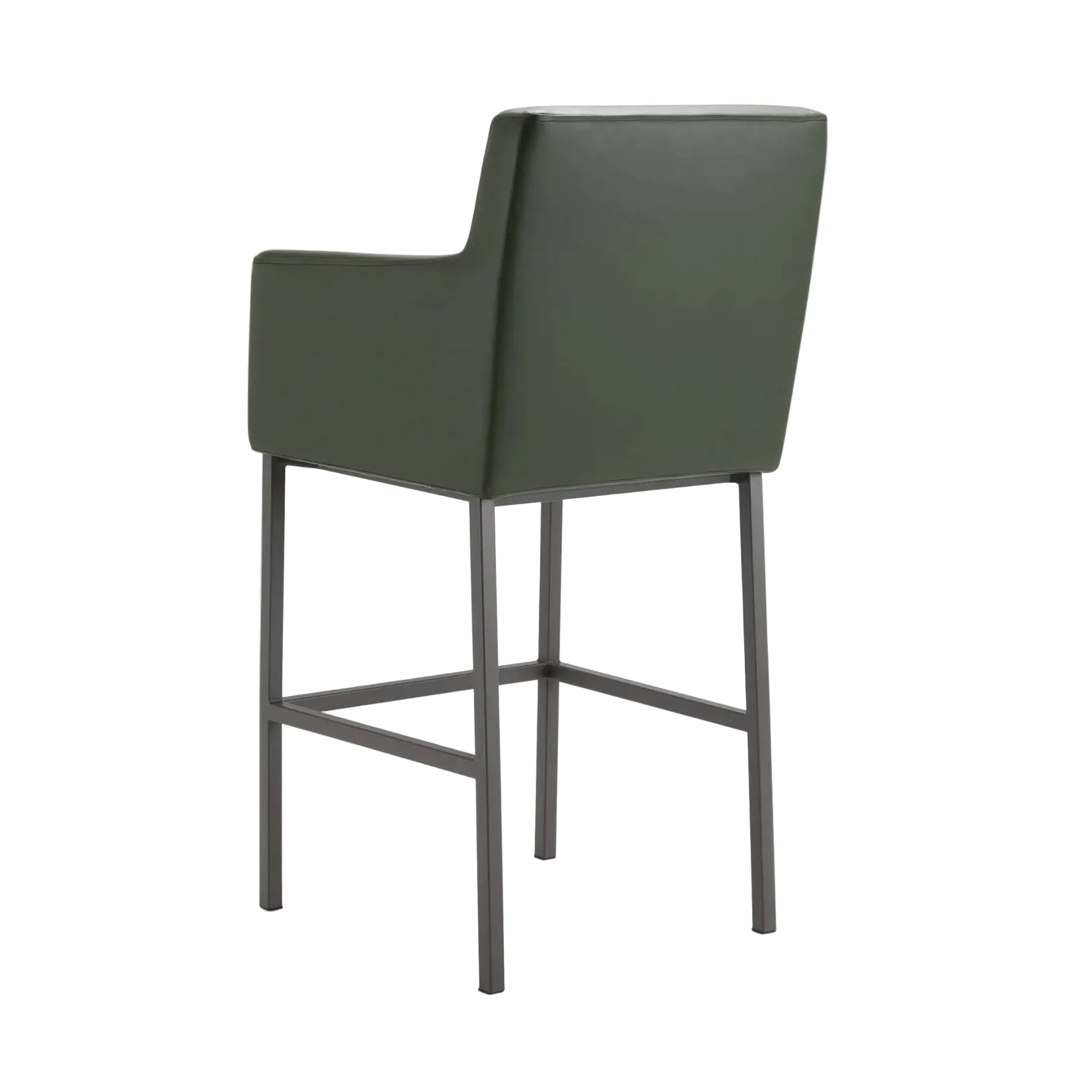 Green bar stool with a black metal frame on a white background