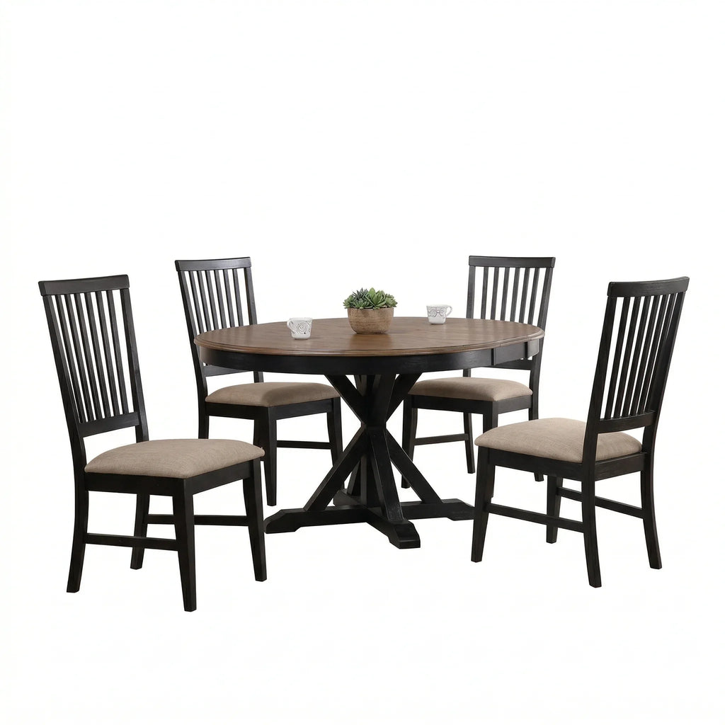 Dining table set with four chairs on a white background