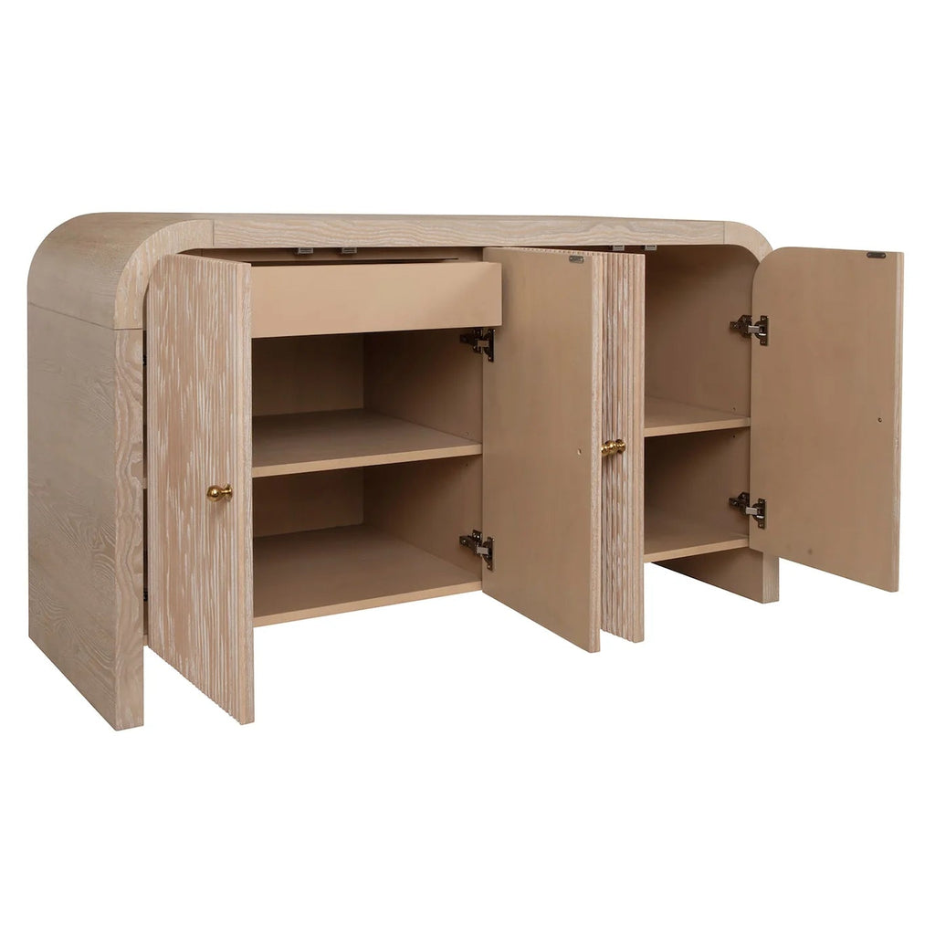 Wooden cabinet with open doors on a white background