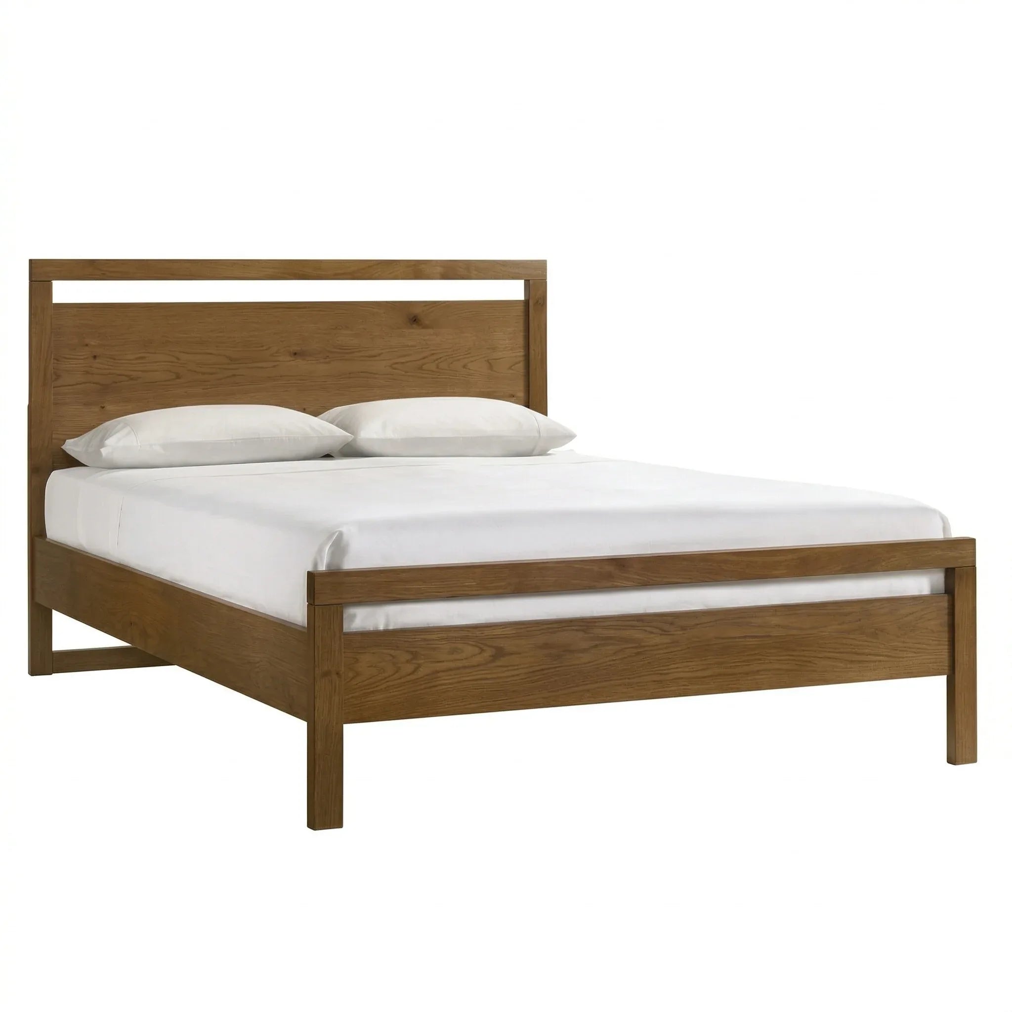 Wooden bed frame with white bedding on a white background