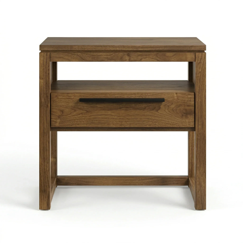 Wooden side table with a drawer on a white background