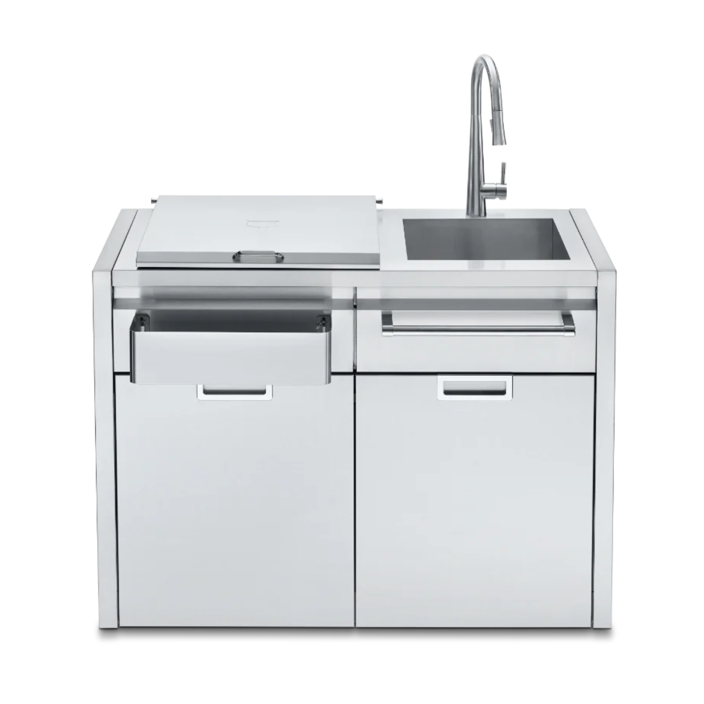 Stainless steel kitchen sink unit and beverage centre, with faucet on a white background