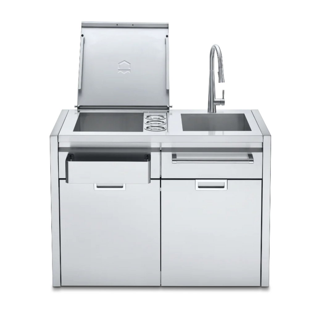 Stainless steel outdoor beverage centre with sink on a white background