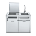 Stainless steel outdoor beverage centre with sink on a white background