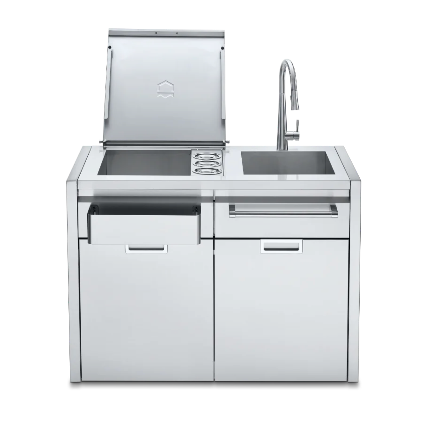 Stainless steel outdoor beverage centre with sink on a white background