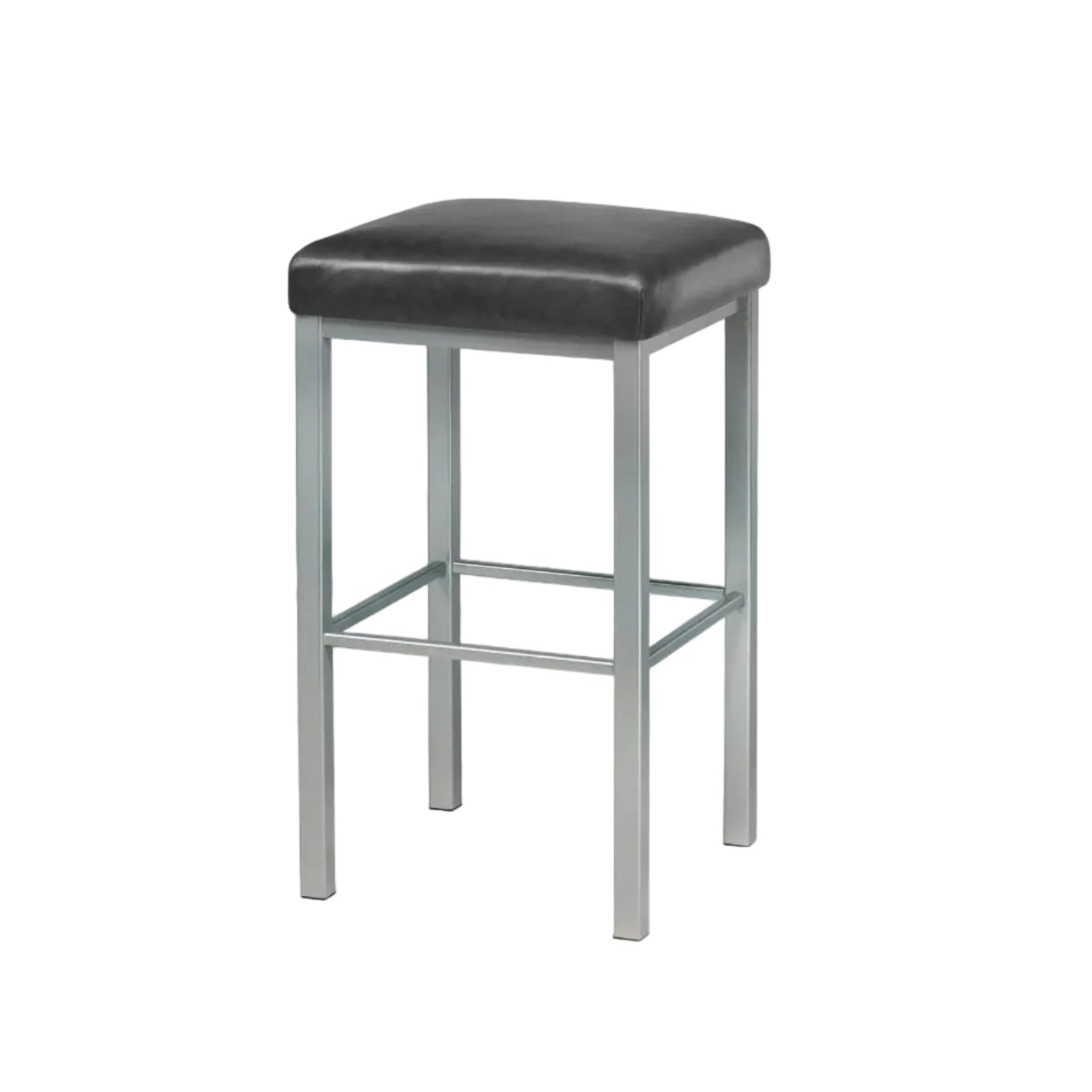 Bar stool with black cushioned seat and metal frame on a white background