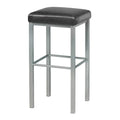 Bar stool with black cushioned seat and metal frame on a white background