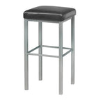Bar stool with black cushioned seat and metal frame on a white background
