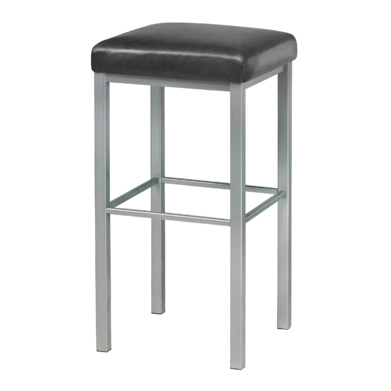 Bar stool with black cushioned seat and metal frame on a white background