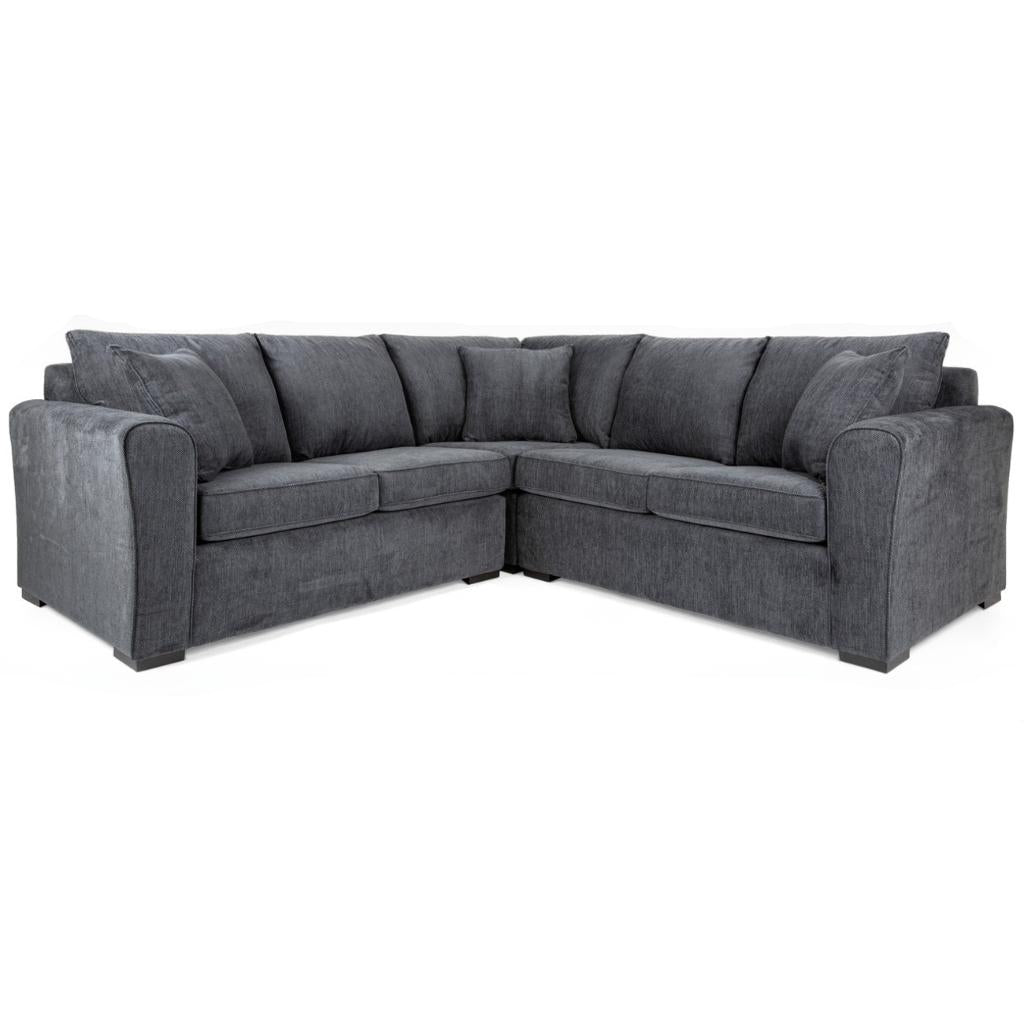 Gray sectional sofa shown from multiple angles on a white background