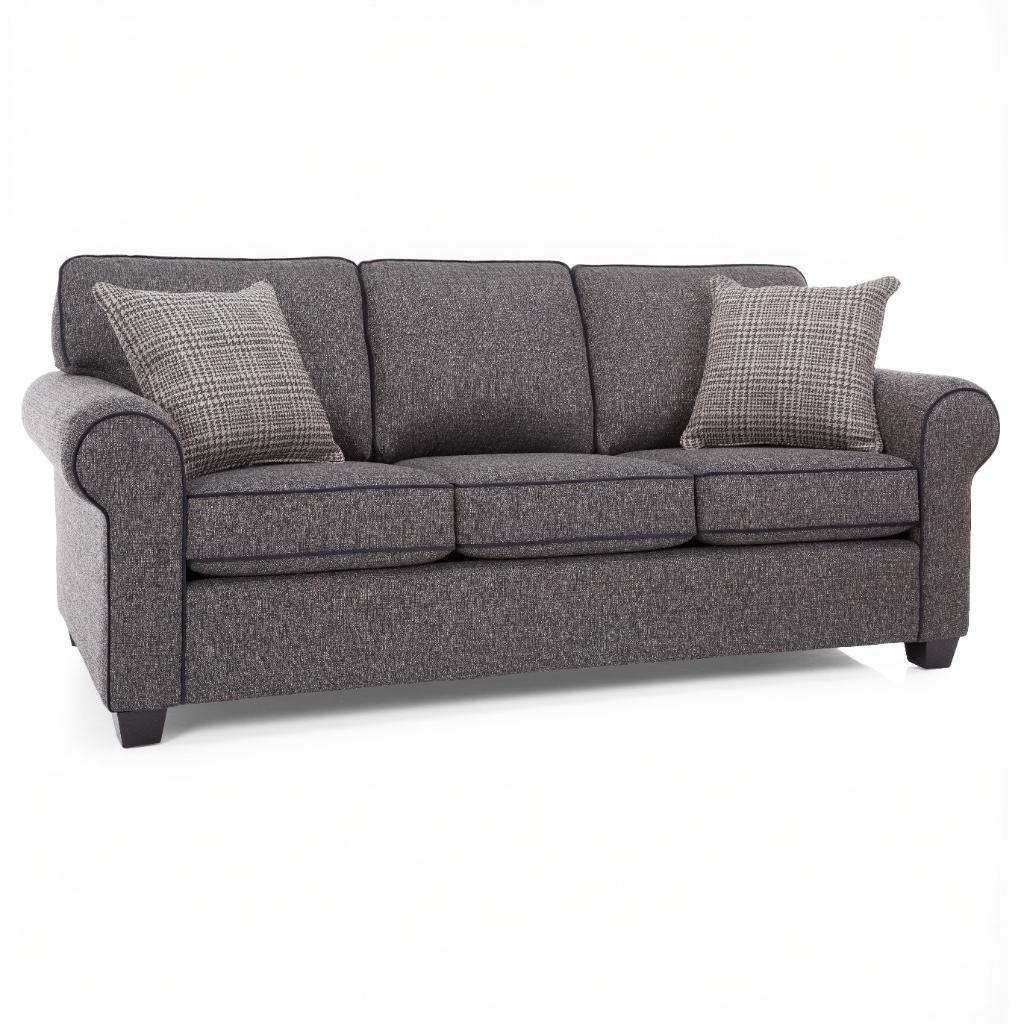 Gray sofa with patterned cushions on a white background