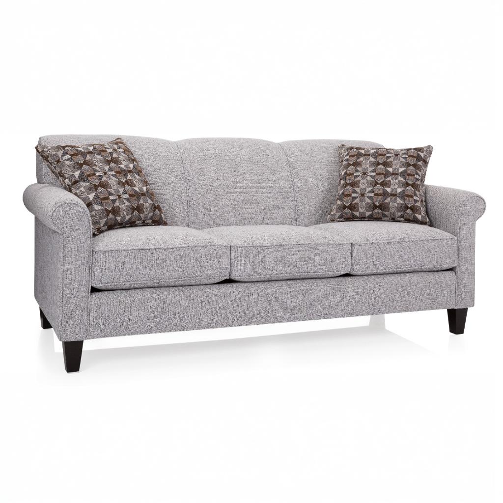 Gray sofa with patterned cushions on a white background