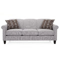Gray sofa with patterned cushions on a white background