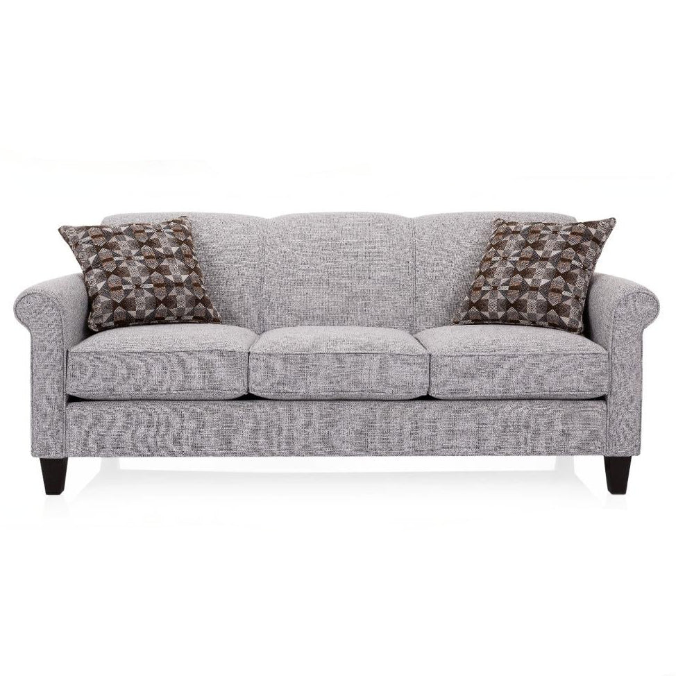 Gray sofa with patterned cushions on a white background