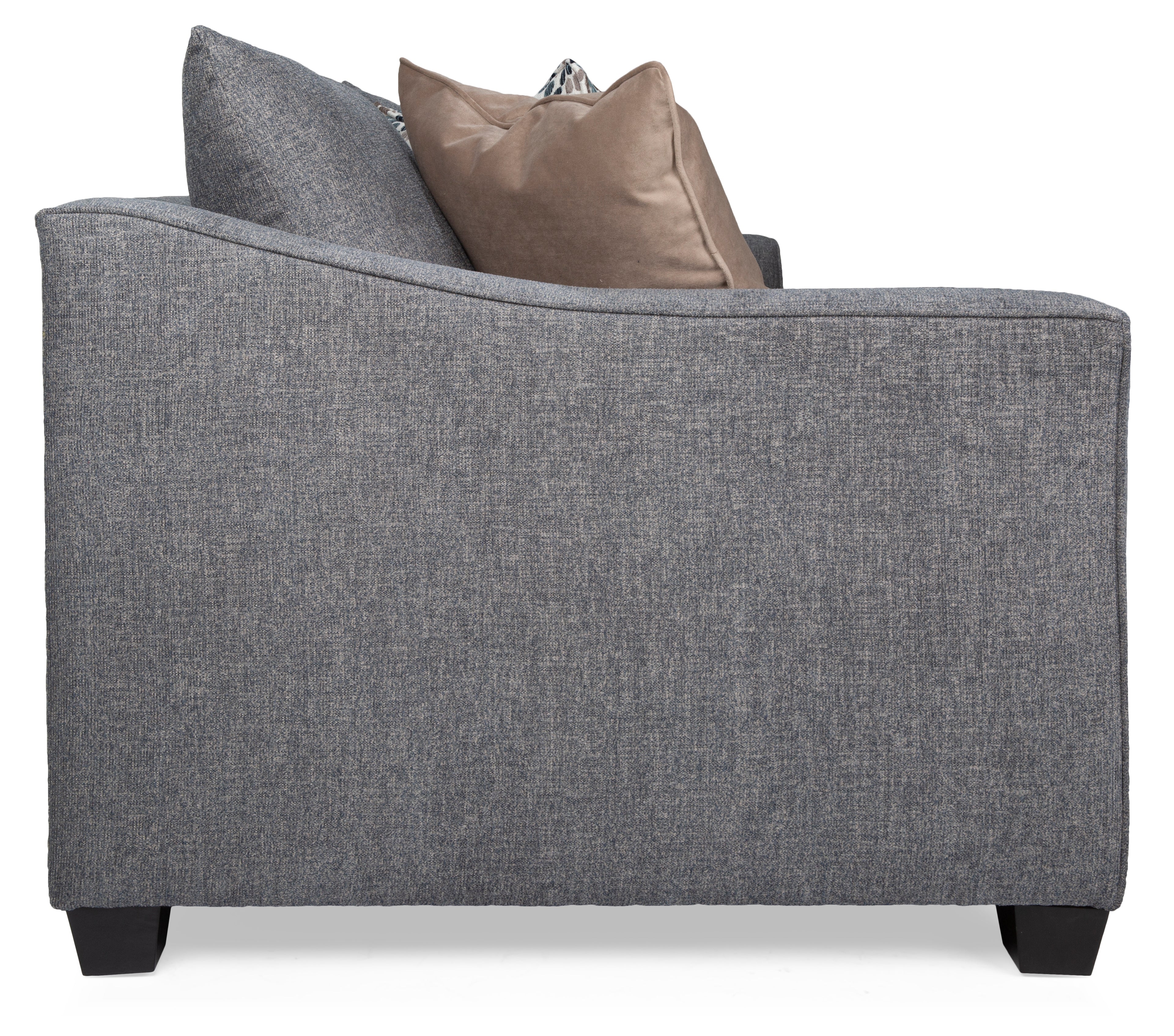 Gray upholstered chair with two pillows on a white background