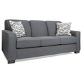Gray sofa with patterned cushions on a white background