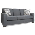 Gray sofa with patterned cushions on a white background