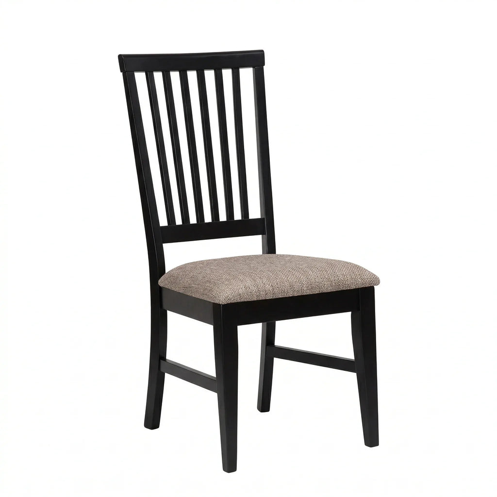 Black wooden chair with a beige cushion on a white background