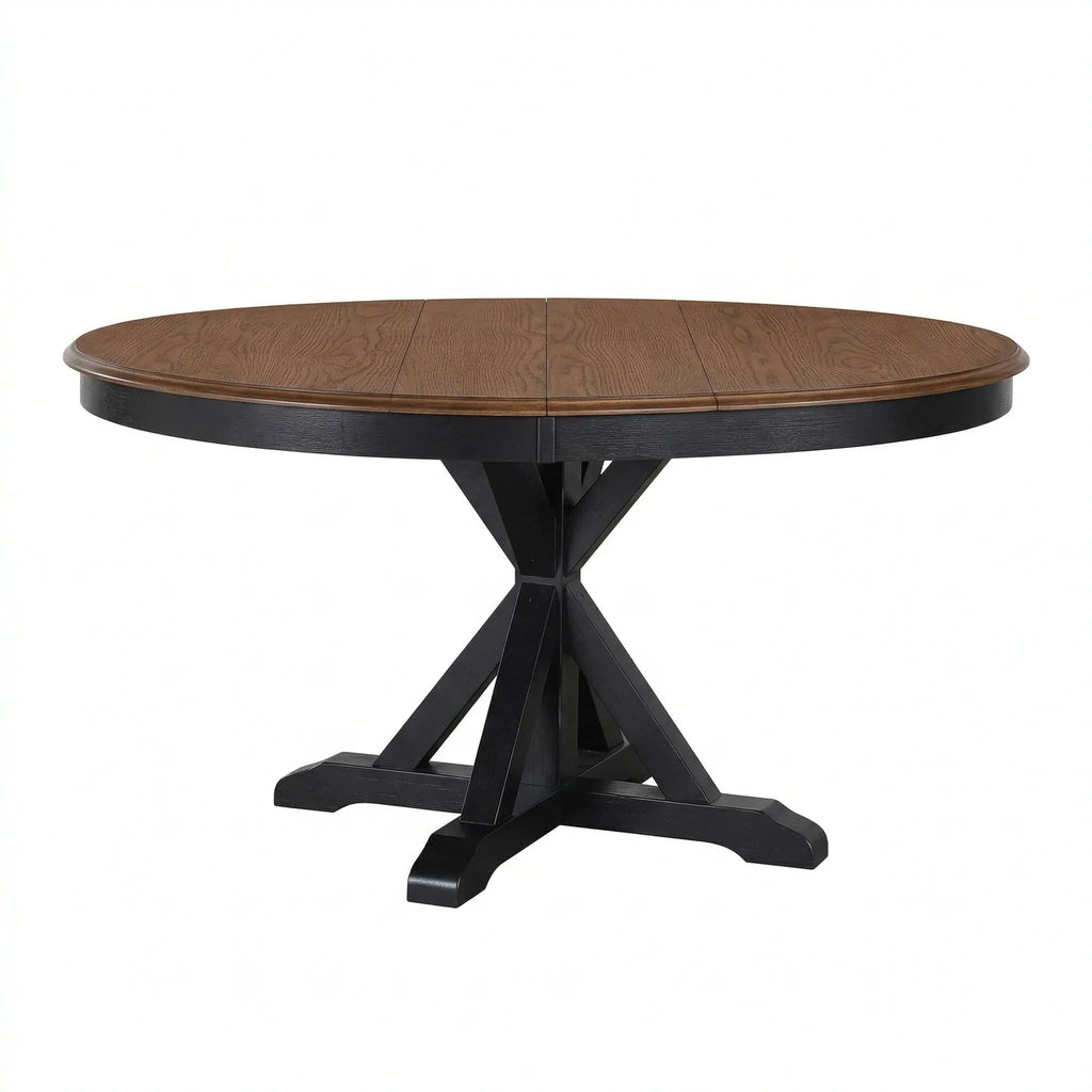 Round wooden table with black base on a white background
