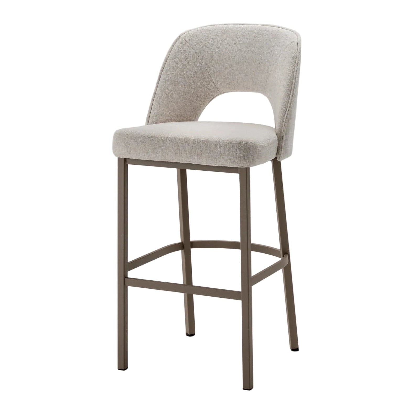 Beige bar stool with cushioned seat on a light gray background
