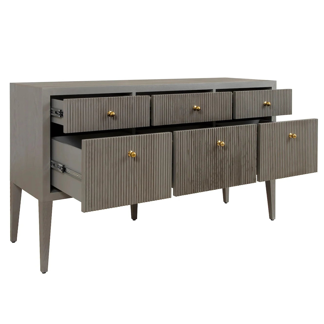 Gray dresser with multiple drawers and gold knobs on a white background.