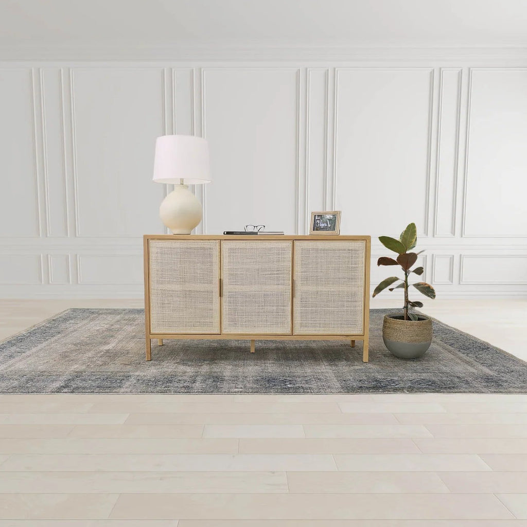 Modern interior with a sideboard, lamp, and plant on a rug.