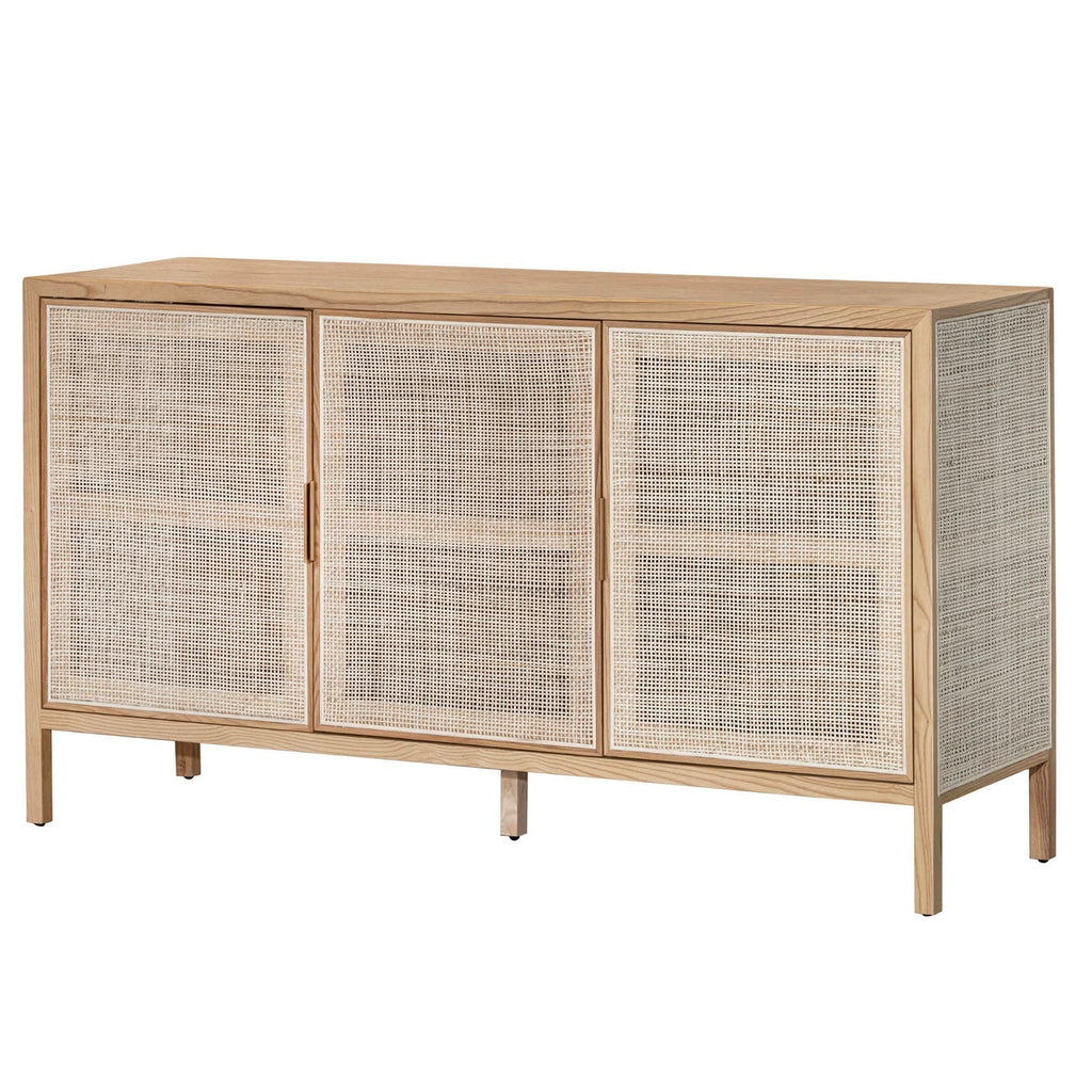 Wooden sideboard with rattan doors on a white background