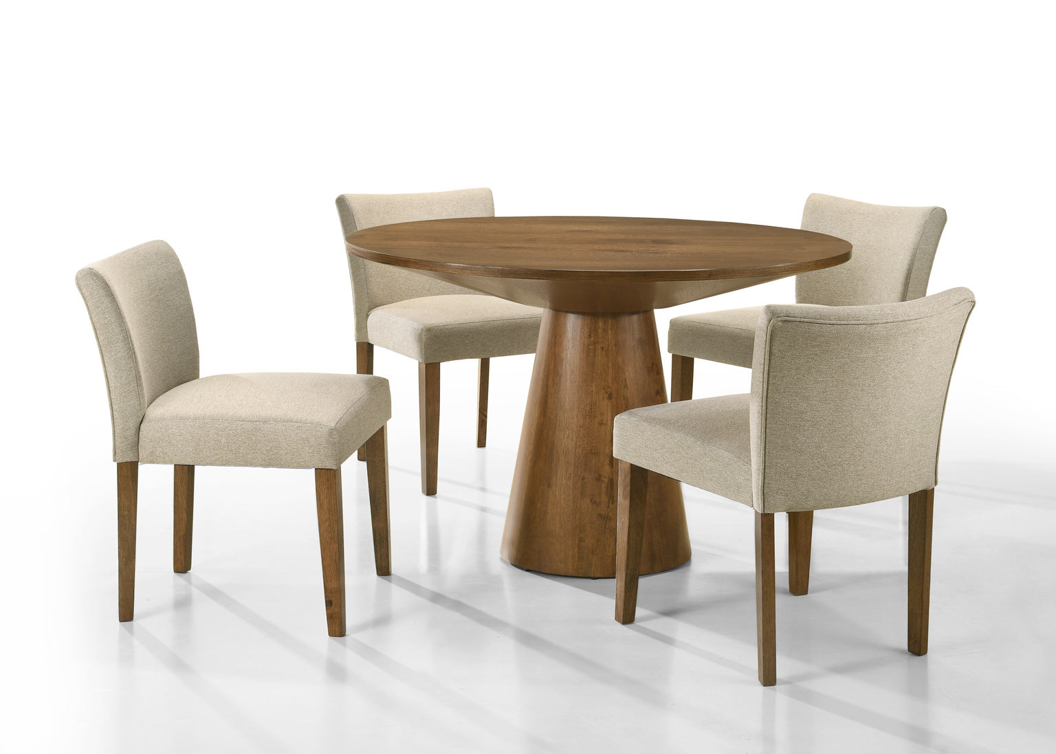 Dining table set with four chairs on a white background