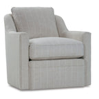 Beige striped upholstered swivel armchair on a white background