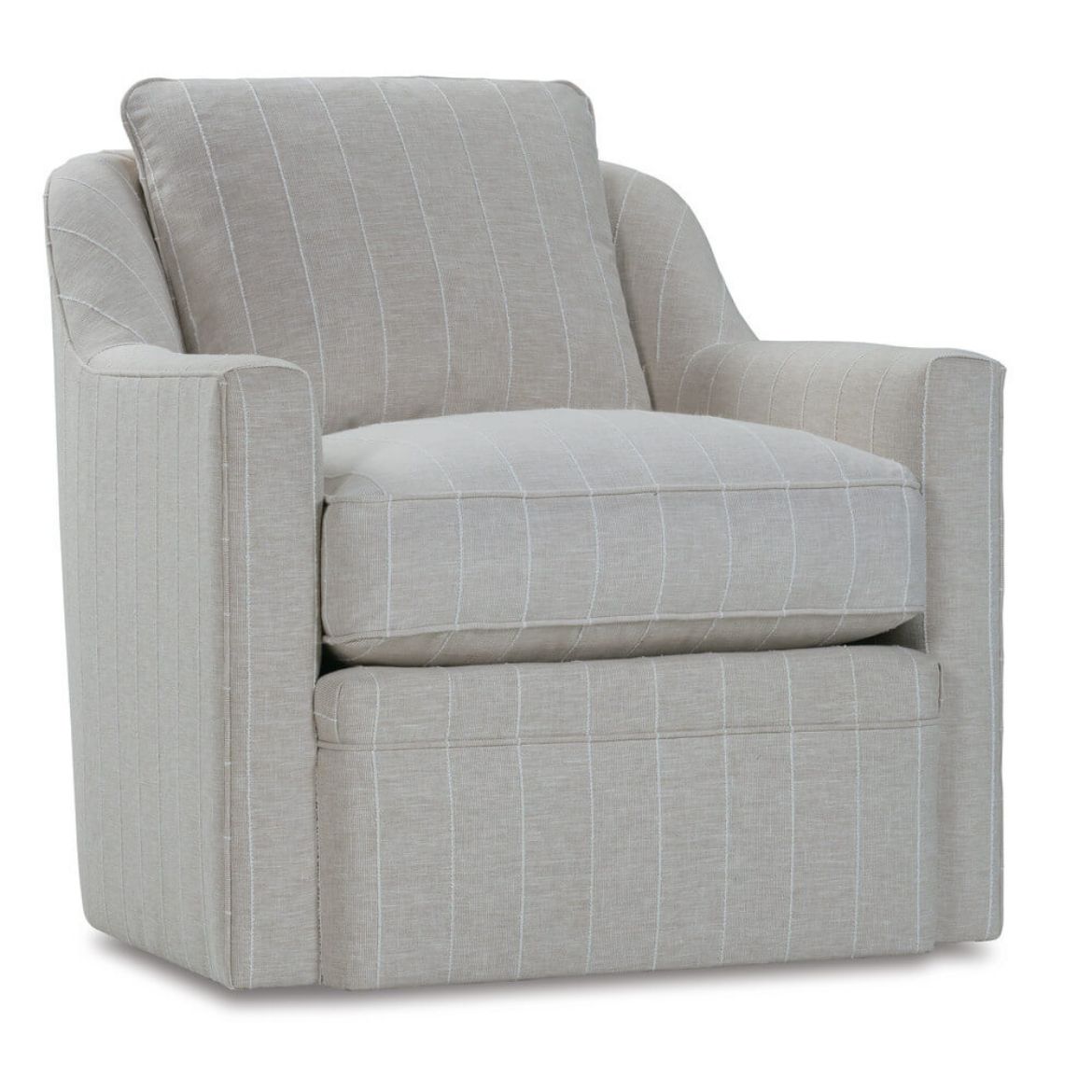 Beige striped upholstered swivel armchair on a white background