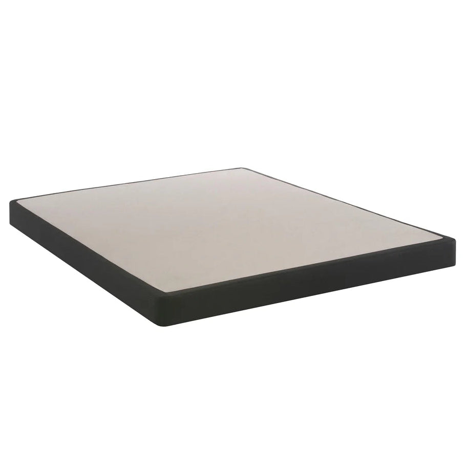 Mattress boxspring with black frame and beige mat on a white background