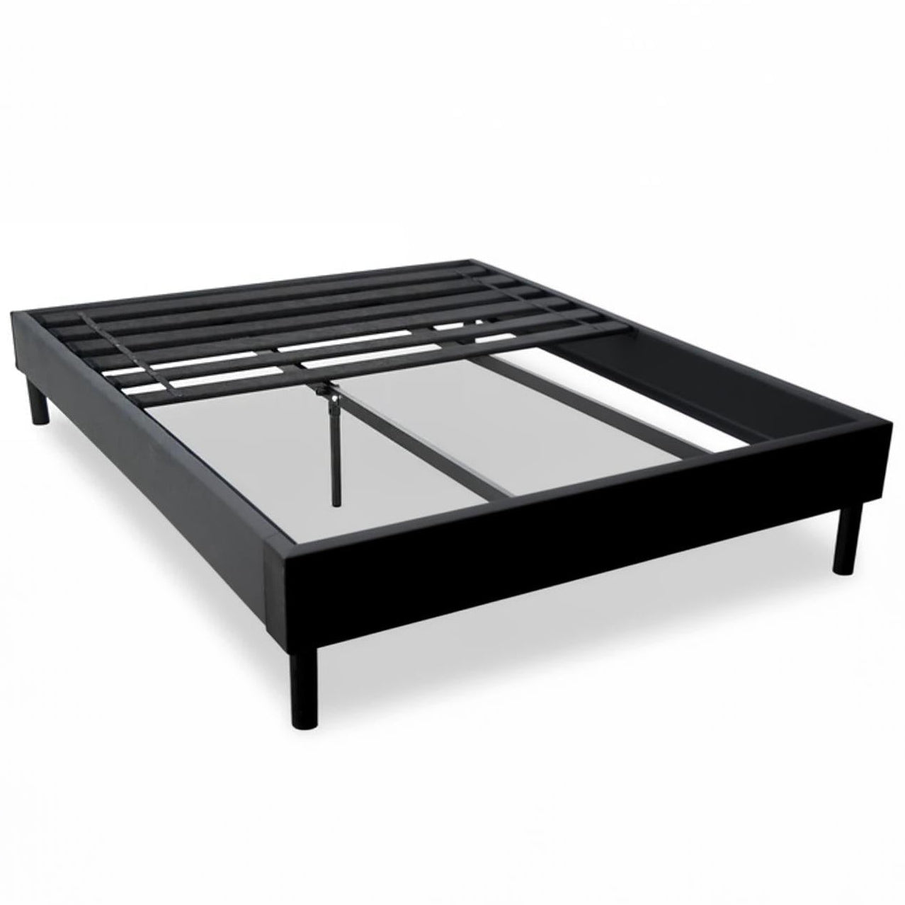 Black metal bed frame on a white background