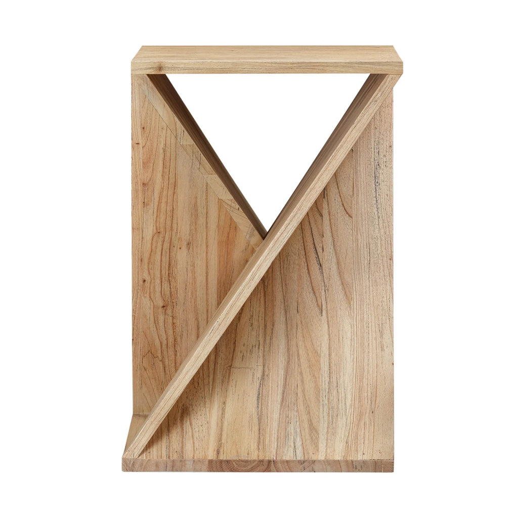 Wooden side table with a geometric design on a white background