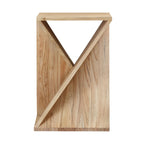 Wooden side table with a geometric design on a white background