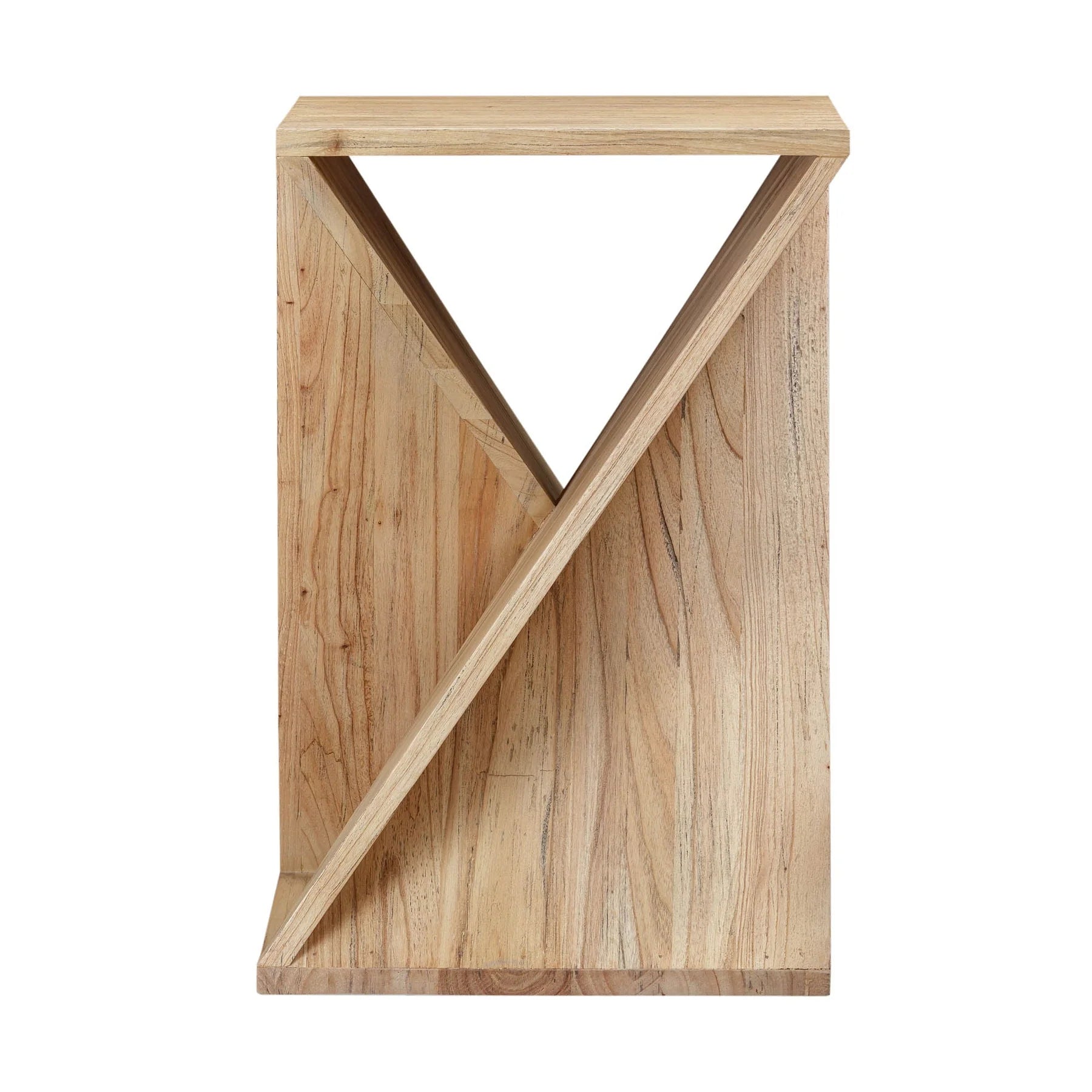 Wooden side table with a geometric design on a white background