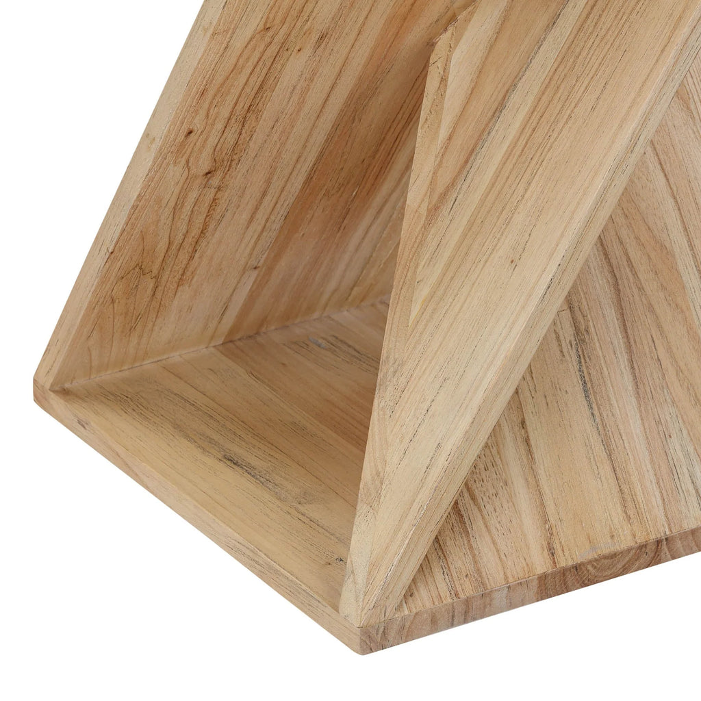 Wooden side table with geometric pattern on a white background