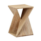Wooden side table with unique geometric design on a white background