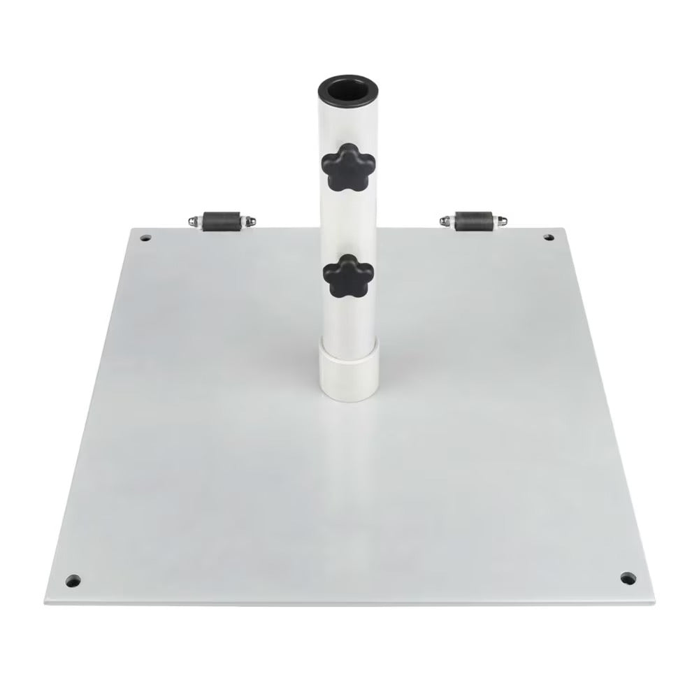 Umbrella steel base plate with cylindrical rod and adjustable knobs on a white background