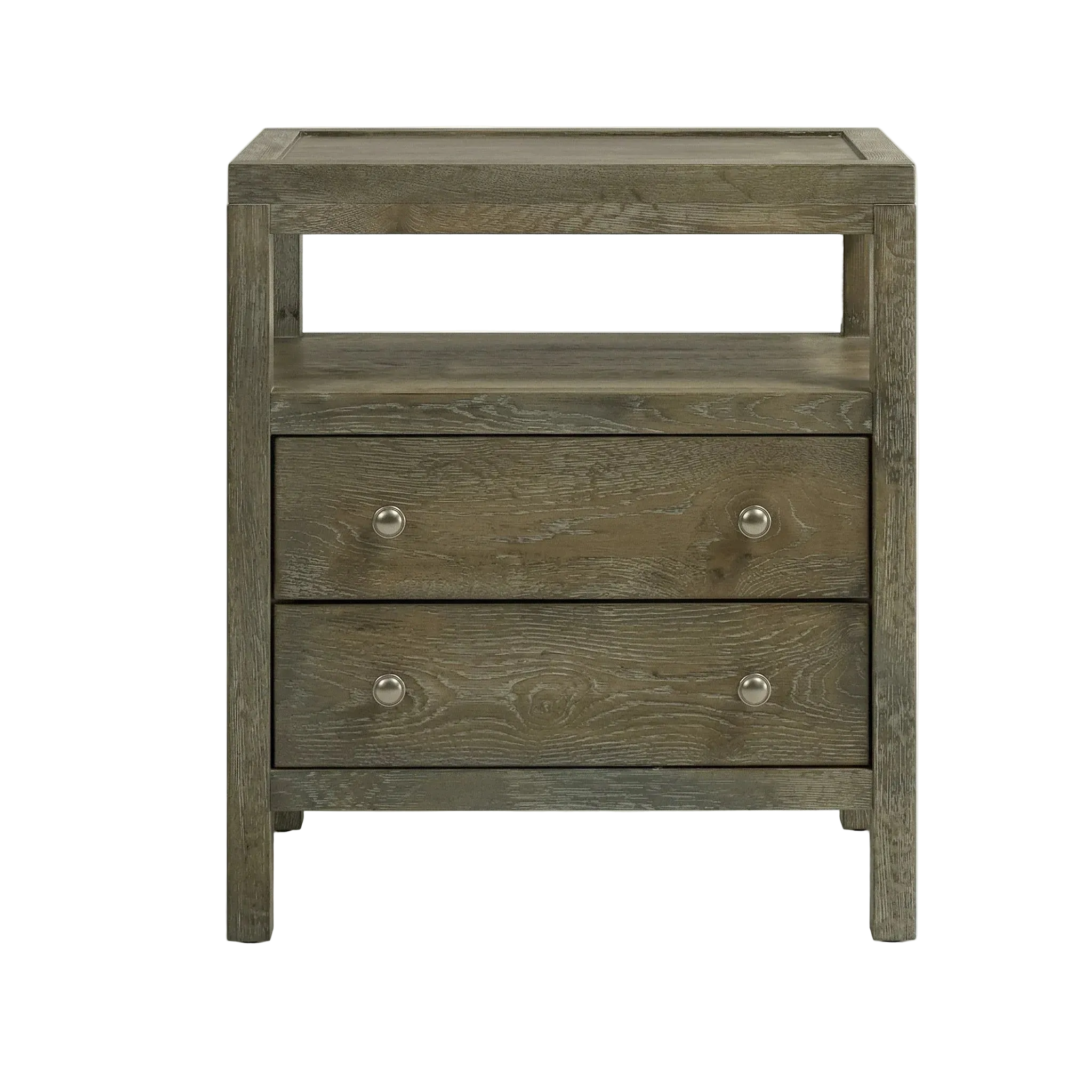 Wooden nightstand with two drawers on a white background