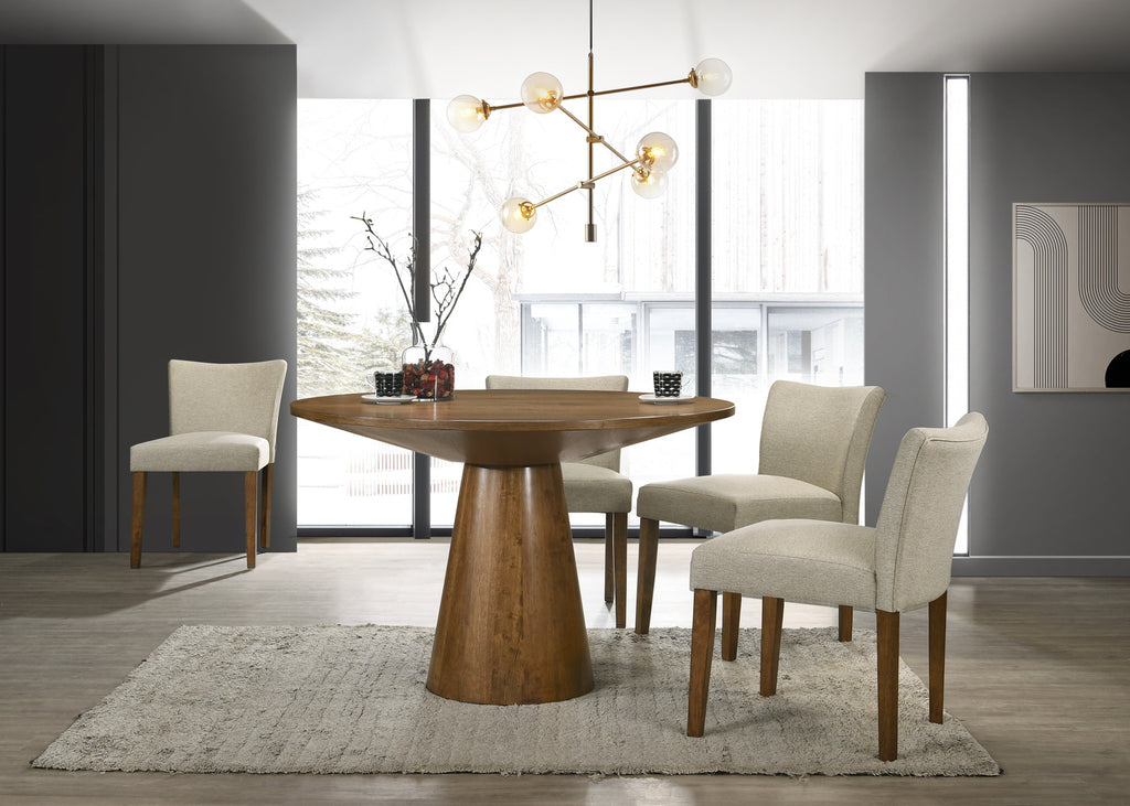 Dining room with wooden table and beige chairs in a modern interior setting.