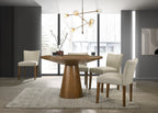 Dining room with wooden table and beige chairs in a modern interior setting.